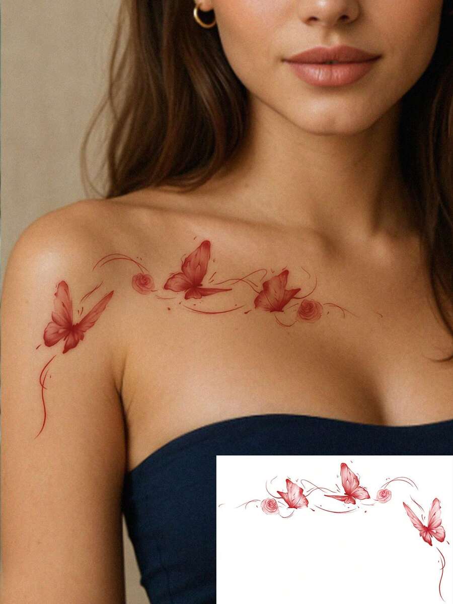 1pc Washable Wine Red Watercolor Butterfly & Rose Temporary Tattoo, Waterproof Long-Lasting, Ins Style Collarbone/Neck Decor Sticker, Easily Apply & Remove, Lasts 2-3 Days - Red - View 1