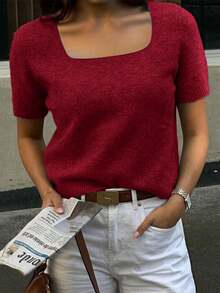 Just Masa Women's Summer Casual Knit Top,Square Neck Short Sleeve Fitted Basic Soild Color Sweater, For Casual,Vacation,Commute,Date,Daily Wear - Burgundy - View 7