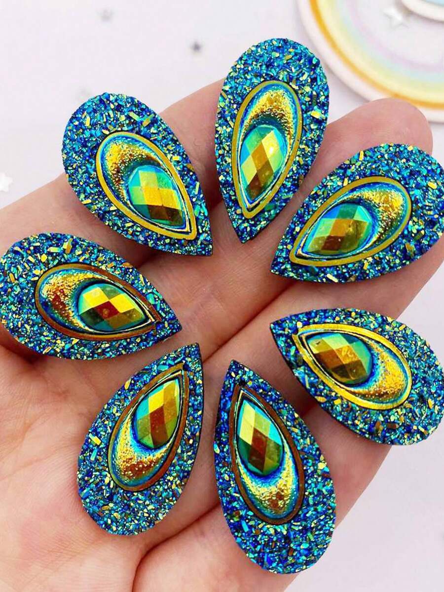 10pcs AB Resin Shiny Peacock Eye Water Drop Flat Back 3D Rhinestone Wedding Stickers, DIY Scrapbooking, Phone Case Decor, Craft Supplies - Multicolor - View 1