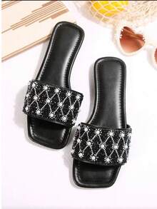 2026 New Flat Slide Sandals, Solid Color, Flat Design, Shiny Vamp, Elegant Rhinestone Decor, Easy Slip-On, Easy Clean, Graceful & Sophisticated, Fashion Versatile, Suitable For Daily Wear, Shopping, Dating, Vacation, Travel - Black - View 5