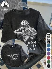 Women's Soft Cotton T-Shirt With A Cool "WELCOME TO MY MIND" Skull Print, Vintage Washed Casual Round-Neck Short-Sleeve Tee, Suitable For Daily Wear In All Seasons - 黑色 - 查看 6