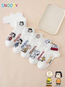 5雙 SNOOPY 系列 Charlie Brown 小狗表情字母圖案女款短襪 - 彩色 - 查看 2