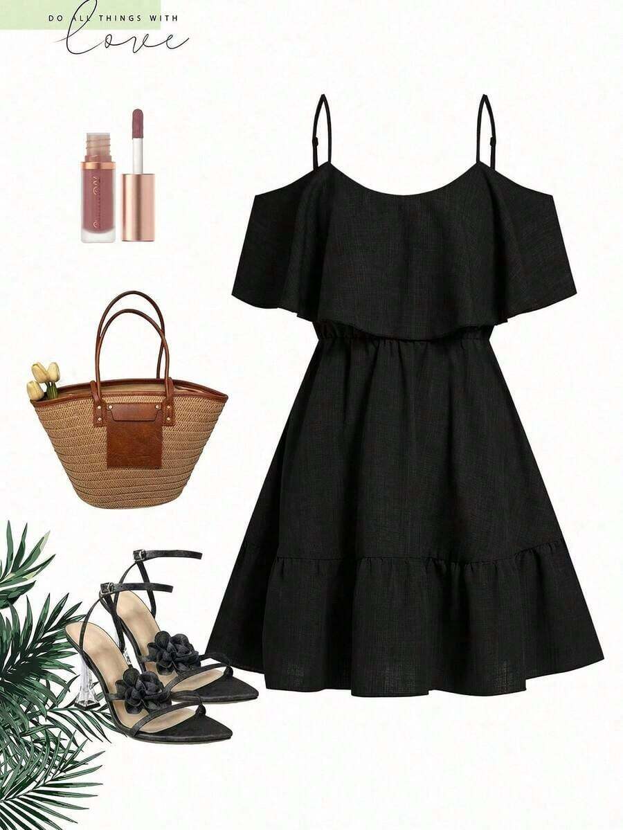Vestido mini elegante de alta gama, diseño de hombros descubiertos y corte entallado, ideal para vacaciones, uso diario, reuniones y meriendas - Negro - Ver 1