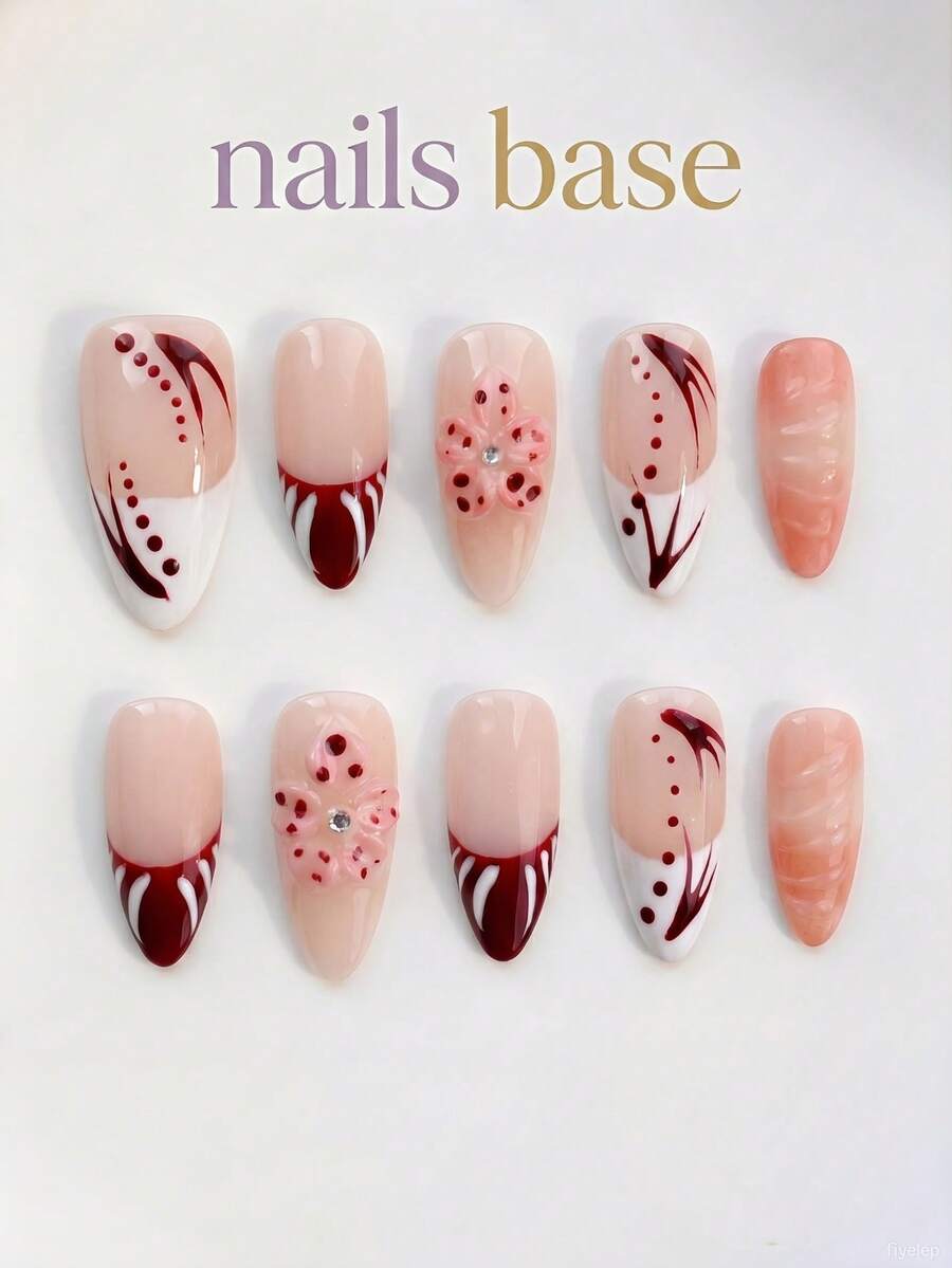 NAILS BASE 10件/組 粉色杏仁形長款法式漸層漸變假指甲,附玫瑰紅花朵,杏仁形甲片,適合辦公場合的中性華麗風,日式手工 P - 彩色 - 查看 1