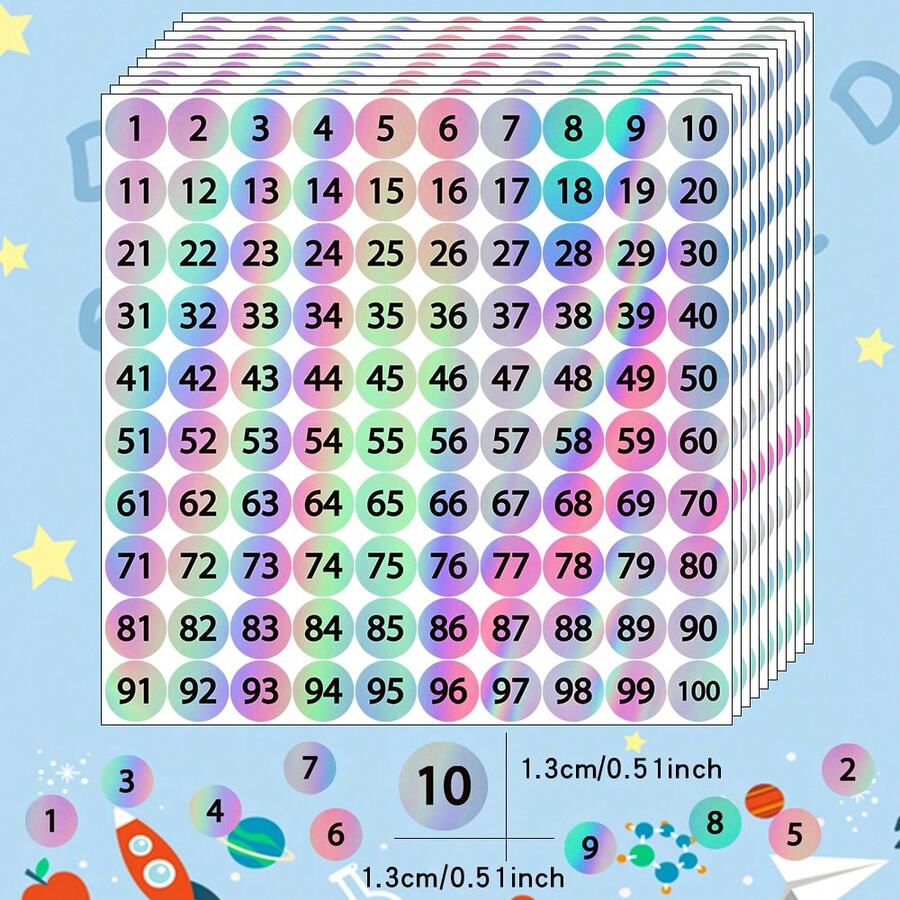 1-100 Holographic Colorful Round Number Stickers, Self-Adhesive Digit Labels Suitable For Office, Classroom, Organization, Crafts And Scrapbooking - Multicolor - View 1