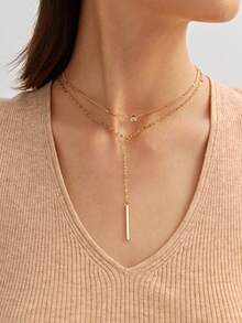 1pc Gold Y-Shaped Multi-Layer Necklace Decorated With Rhinestones And Faux Pearls, Suitable For Women's Daily Wear, Also Can Be A Gift For Friendship Or Adult Ceremony, Or Suitable For Attending Banquets And Parties. (The Handcrafted Chain Length, Pearl Quantity, And Rhinestone Size Can Be Adjusted. Please Be Cautious When Purchasing If The Length Is Too Short.) - Gold - View 6
