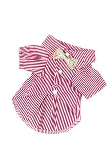 1 pieza Camisa con corbata de moño a rayas de verano ligera para perros pequeños, ropa para mascotas tipo Poodle Teddy - Rojo y blanco - Ver 1