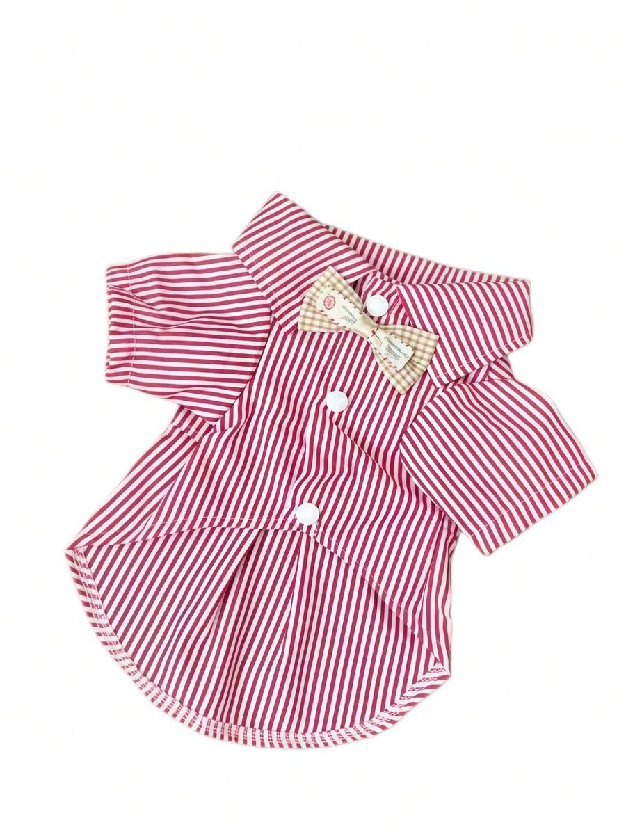 1 pieza Camisa con corbata de moño a rayas de verano ligera para perros pequeños, ropa para mascotas tipo Poodle Teddy - Rojo y blanco - Ver 1