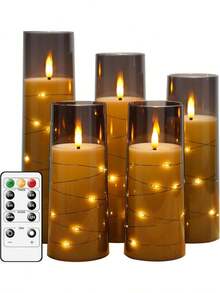 5pcs Flameless LED Candles With Timer, Flickering Candlesticks For Romantic Ambiance And Home Decor, Stable Acrylic Shell With Embedded Star String, Battery Operated Candles (Gray) - 灰色外燈串 - 查看 8