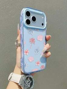 1 pezzo Custodia per telefono con motivo a conchiglia blu e rosa, stile estetico, compatibile con iPhone 16 15 14 13 12 ProMax 11, custodia per telefono coreana carina e antiurto, custodia per telefono con giglio blu e bianco, regalo per San Valentino, compatibile con iPhone 17/17Pro/17ProMax/17Air - Multicolore - Visualizzare 3