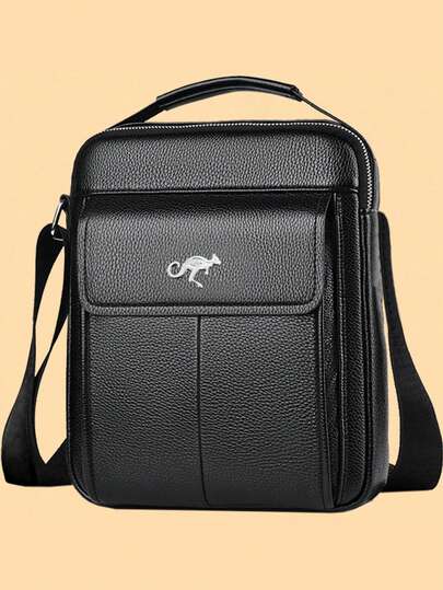 男士仿皮斜挎单肩包，袋鼠标志邮差包，带顶部提手，休闲多口袋单肩包，适合工作、旅行和日常使用，耐用商务手提包