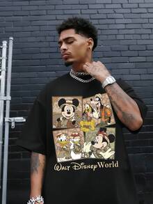 Disney Authorized Mickey Mouse And Disney Animal Kingdom Cartoon Patterns And Disney Animal Kingdom Letter Prints, Men's Black Pure Cotton Short Sleeved T-Shirt, Breathable White Short Sleeved T-Shirt, Suitable For Summer Wear, Neutral, Regular Round Neck Casual Style, Washable, Comfortable And Loose. - Black - View 1