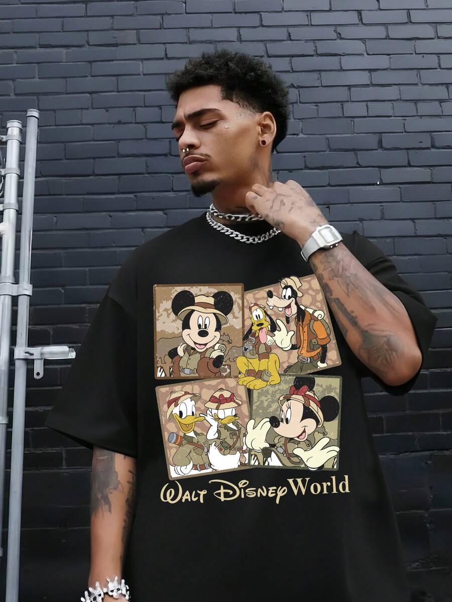 Disney Authorized Mickey Mouse And Disney Animal Kingdom Cartoon Patterns And Disney Animal Kingdom Letter Prints, Men's Black Pure Cotton Short Sleeved T-Shirt, Breathable White Short Sleeved T-Shirt, Suitable For Summer Wear, Neutral, Regular Round Neck Casual Style, Washable, Comfortable And Loose. - Black - View 1