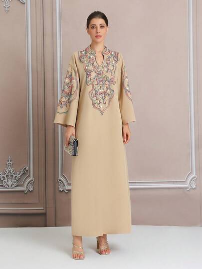 Pink The Light Of Embroidery ,Mid East Pink 3D Oversized, Retro Pattern Cord Embroidery, Rhinestones Decorated Elegant Long Robe Dress, Dubai Robe, Turkish Fashion Plus Size Women Kaftan, In Stock Abaya BC4619 (Custom Design)