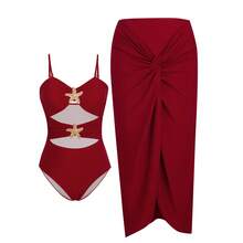 2026 New One-Piece Bikini Swimsuit Solid Color Sexy Beach Vacation Bikini - Red - View 1