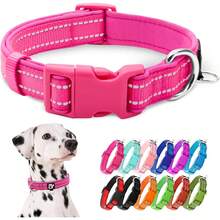 Reflective Dog Collar,Soft Neoprene Padded Pet Collar With ID Tag Ring,Adjustable For Small Dogs,Hot Pink,S - 玫紅色 - 查看 8