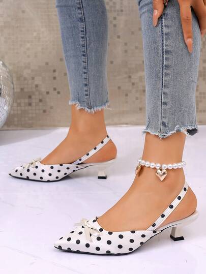 Niche Design Polka Dot Pointed Toe Kitten Heel Backstrap Sandals, Comfortable Spring/Summer New Fashion Elegant Women Shoes