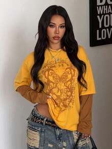 TopstopsCoolane Women's & Men's Spring/Summer Couple Same Style Streetwear Goth Grunge Punk Casual Vintage  Cotton Graphics Comfortable Round Neck Patchwork Brown And Beige Oversized Long Sleeve  T-ShirtLoose And Comfortablesummer Topssummer Tops - 黃色 - 查看 12