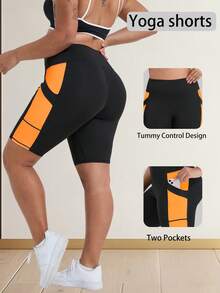 Women's Plus Size Spring/Summer New High Waist Butt Lifting Fitness Shorts, Cycling Shorts, Sports Tight Shorts, High Waist Yoga Shorts, Contrast Color Design, With Pockets, Suitable For Sports, Running, Fitness And Various Occasions - Orange - View 3