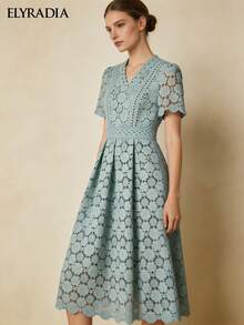 ELYRADIA Vestido midi elegante y casual con cuello en V de encaje, de manga corta, con temperamento elegante, adecuado para ocasiones formales y fiestas - verde menta - Ver 3