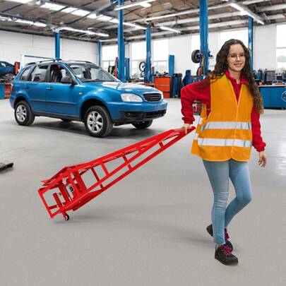 Set Of 2 Hydraulic Wheeled Car Lifts, Heavy-Duty 5-Ton (5,000 Kg) Ramps With Hydraulic Jack, Portable Lift For Oil Changes And Garage Work, Lifting Height From 23 To 36 Cm, Red