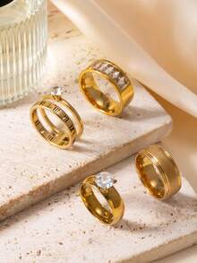 Set de 4 anillos de mujer elegantes y de moda con elementos de zirconia con letras romanas cortadas, de acero inoxidable con diamante de imitación, adecuados para uso diario, festivales, citas, compromisos, bodas y regalos - Plata 1 - Ver 16