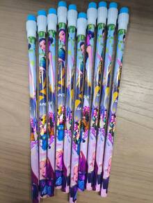 12 pezzi Set di matite con cartoni animati di ragazze, con grandi gomme in cima, articoli di cartoleria popolari coreani, stili casuali - Multicolore - Visualizzare 6
