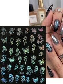 2片装极光全息激光美甲贴纸 - 炫彩玫瑰、蝴蝶、兔子美甲贴花 - 梦幻浪漫风格 / 派对 / 婚礼季 / 音乐节 DIY 美甲装饰贴纸 - 彩色 - 查看 3
