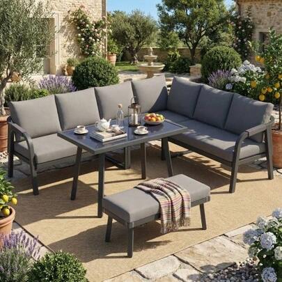 Garden Dining Set, Garden Furniture Set, Seats Up To 8 People, Woven Armrests And Backrests, Galvanized Steel Tubes, Includes A Corner Sofa, A Dining Table And A Bench; Color: Grey
