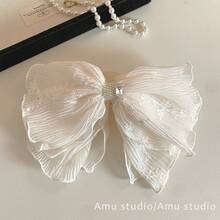 Super Fairy-Like Off-White Bow Pearl Ponytail Claw Clip For Women, Elegant Half-Up Hairstyle, Updo Shark Clip Hairpin - 米白色 - 查看 1