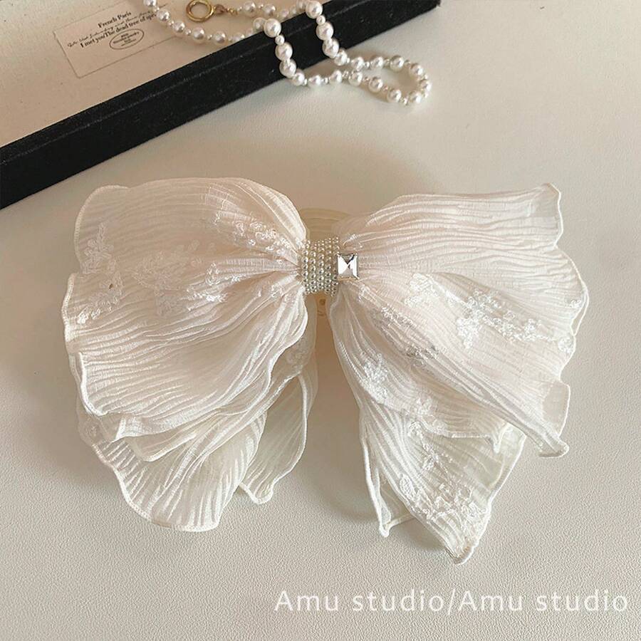 Super Fairy-Like Off-White Bow Pearl Ponytail Claw Clip For Women, Elegant Half-Up Hairstyle, Updo Shark Clip Hairpin - 米白色 - 查看 1