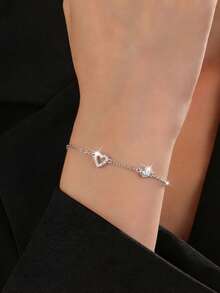 1pc S925 Sterling Silver Hollow Heart Rhinestone Bracelet, Sweet & Cute Ins Style Delicate Minimalist Accessory, Fashionable & Refined, Suitable For Girls Daily Wear Or Birthday Gift - Love - View 6