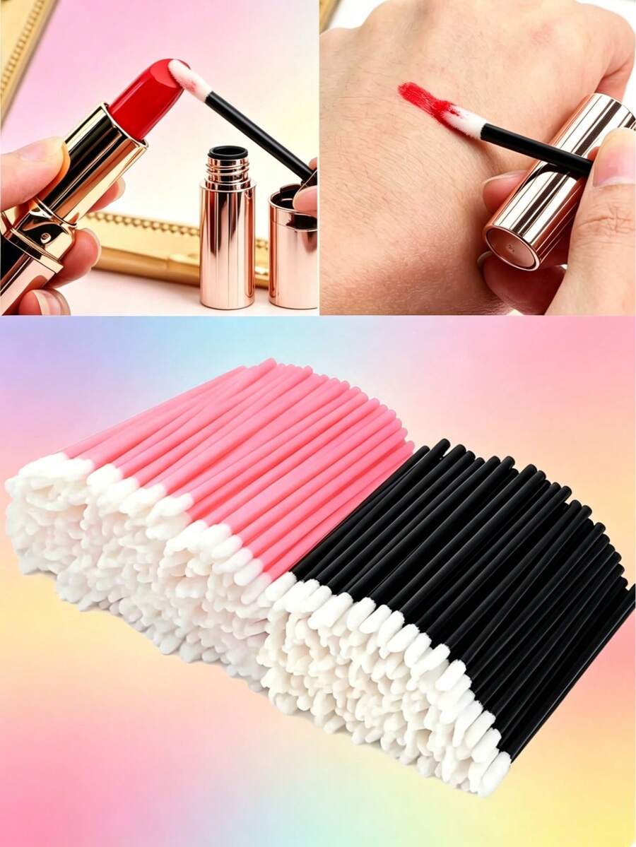 500/300/100/50 piezas Brochas desechables para labios, aplicadores de brillo labial con mango negro y rosa, brochas suaves con felpa para labios, adecuadas para lápiz labial, brillo labial, sombra de ojos, extensión de pestañas, desmaquillaje, manicura y otras herramientas de maquillaje portátiles. Brochas de maquillaje multiusos económicas y prácticas para uso en salones de belleza y en el hogar.
