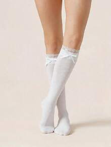 1PC/2pcs Women's Solid Color Calf-Length Socks Sweet Lace Trim Cute Bow Detail Cut-Out Socks, Breathable Lightweight Adorable Hosiery For Daily Commute - Multicolor - View 4