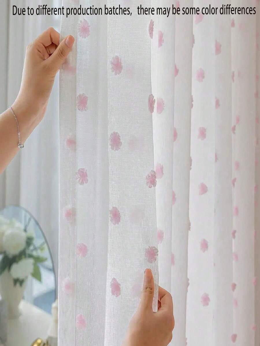 1 Panel & 2 Panels Pink Polka Dot Fluffy Ball Sheer Curtains, Modern Minimalist Style, Rod Pocket Design, Translucent But Not See-Through, Washable, Easy Care, Suitable For Living Room, Bedroom, Various Room Types - Pink - View 1