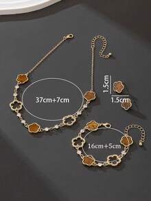1 Set Women's Jewelry: 1pc Romantic, Delicate, Luxurious, Elegant, Sweet, Lucky Clover Pendant Necklace With Rhinestones, 1pc Bracelet, 1 Pair Earrings - Brown - View 6