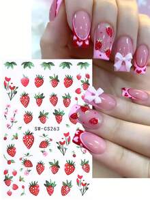 SWEET TREND 3D可愛草莓美甲貼紙2片裝 卡通紅草莓粉色花瓣綠葉設計 DIY Y2K夏季水果時尚自黏凝膠指甲油貼花美甲裝飾 - 彩色 - 查看 5
