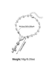 1 chiếc vòng tay đính ngọc trai giả hình hoa, thánh giá và Đức Mẹ Maria, kiểu dáng cổ điển, phù hợp cho cả nam và nữ đeo hàng ngày, cũng là một món quà tuyệt vời. - Bạc D - Xem 3