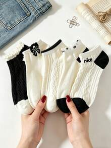 1/5 Pairs Random Black & White Bow Knot Breathable Cute Sweet Short Socks, Suitable For Daily Commute Outfit, Spring/Summer - Multicolor - View 5