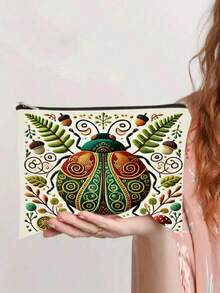 异想天开的民间艺术昆虫印花化妆包，瓢虫和螳螂主题便携式拉链袋 - 彩色 - 查看 8