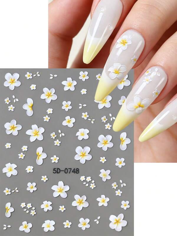 1 Sheet 5D Plumeria Flower Nail Stickers, Spring Floral Nail Art Decals, 3D Embossed White Yellow Frangipani Design, Self-Adhesive Nail Decorations, DIY Manicure Accessories For Spring Summer Nails, Easy To Apply, Durable Nail Stickers For Women Girls, Spring Bloom Nail Supplies
