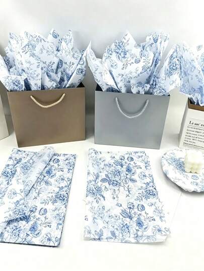 50张14x20英寸蓝色花卉礼品包装纸，复古中式蓝白牡丹玫瑰图案，耐用装饰包装纸，适用于礼品包装、花束包装、生日庆典、婚礼、节日派对、DIY手工、特殊场合装饰、高档礼品展示、优质工艺材料、派对用品、节日及活动包装