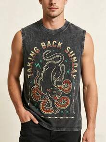 Men's Y2K Vintage Distressed Charcoal Gray Sleeveless Tank Top - Official TAKING BACK SUNDAY Rock Band Graphic Tee​ Featuring Dynamic Black Panth Er Pouncing On Snakes, Encircled By Razor Wire & Green Lightning, 100% Cotton Super Soft & Breathable, Emo Rock Streetwear Gift VS003-A - 黑色 - 查看 5
