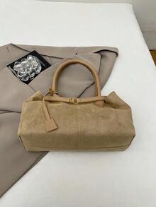 1 pieza Bolso de tela tipo tote color caqui, nuevo diseño con decoración de correa, gran capacidad, patchwork de ante sintético, bolso de hombro para mujer - Negro - Ver 11