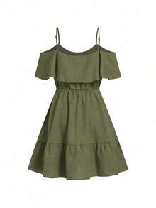 Vestido mini elegante de alta gama, diseño de hombros descubiertos y corte entallado, ideal para vacaciones, uso diario, reuniones y meriendas - Verde militar - Ver 5