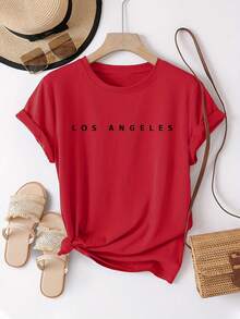 Unisex Size. Women's Plus Size Summer Cotton T-Shirt. Casual Short-Sleeved Crew Neck T-Shirt With "LOS ANGELES" Print. Medium Stretch, Machine Washable, Comfortable For All Seasons, Perfect For Summer, And Ideal For Fashion Enthusiasts. The Material Is Sweat-Wicking, Soft, And Comfortable Against The Skin. - 紅色 - 查看 6