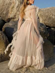 Lace Boho Long Duster Cardigans For Women Sheer Tie Front Ruffle Trim Chiffon Flowy Kimonos Layering Beach Cover Ups - Beige - View 2