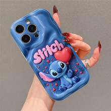 Disney Official Lilo & Stitch Cartoon Phone Case, Denim Blue Irregular Wavy Curved Edge Soft Protective Cover, Love Heart Balloon & Pink Stitch Letter Decorative Pattern Anti-Drop Anti-Scratch Phone Shell For IPhone 17, 16, 15, 14, 13, 12, And 11 Pro Models.. A Fun Gift For Family, Friends, Birthdays, Holidays, And Special Occasions. - 白色 - 查看 1