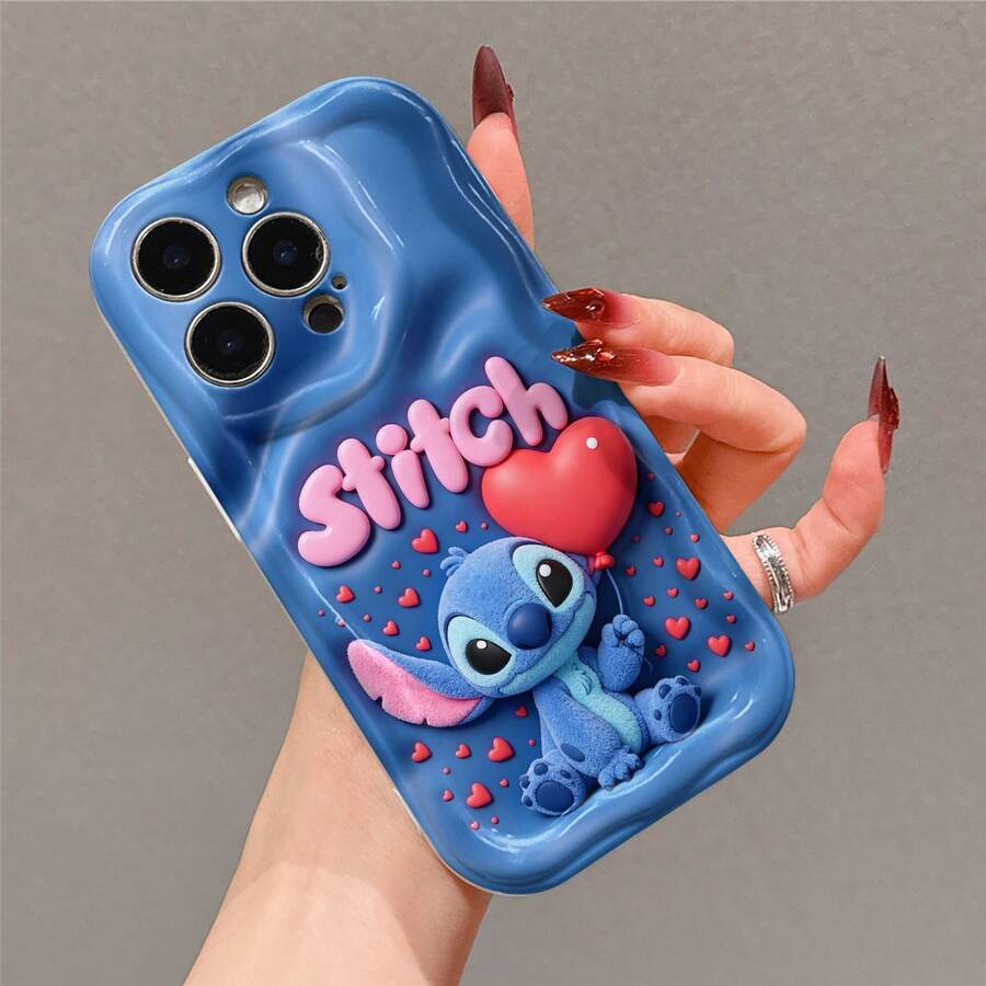 Disney Official Lilo & Stitch Cartoon Phone Case, Denim Blue Irregular Wavy Curved Edge Soft Protective Cover, Love Heart Balloon & Pink Stitch Letter Decorative Pattern Anti-Drop Anti-Scratch Phone Shell For IPhone 17, 16, 15, 14, 13, 12, And 11 Pro Models.. A Fun Gift For Family, Friends, Birthdays, Holidays, And Special Occasions. - 白色 - 查看 1