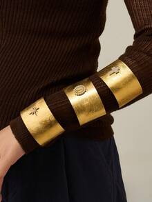 1 pieza Brazalete de acero inoxidable con circonita 5A, brazalete de aro abierto con cruz de oro 18K, joyería personalizada exagerada de estilo europeo y americano - Pulsera exagerada y única - Ver 3